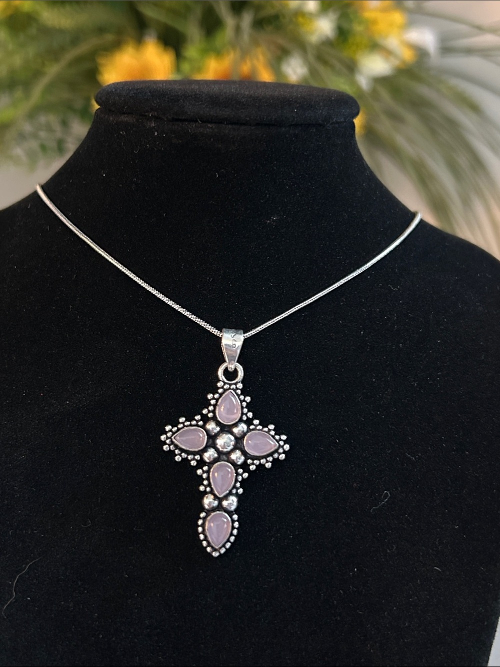 Sterling Silver Cross Pendant Rose Quartz Pendant Necklace